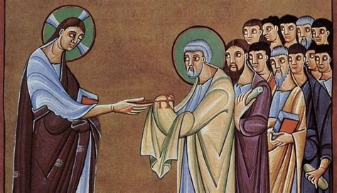 alegoria Chrystusa przekazującego Piotrowi klucze królestwa Bożego - miniatura z Perykop Henryka II, XI wiek