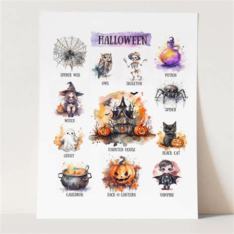 Przykładowe plakaty na Halloween w rozmiarze A4, przedstawiające różne motywy: czarownicę, zamek, dynie.