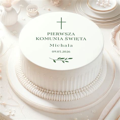Ilustracja tortu z nałożonym opłatkiem z motywem eukaliptusa i napisem 