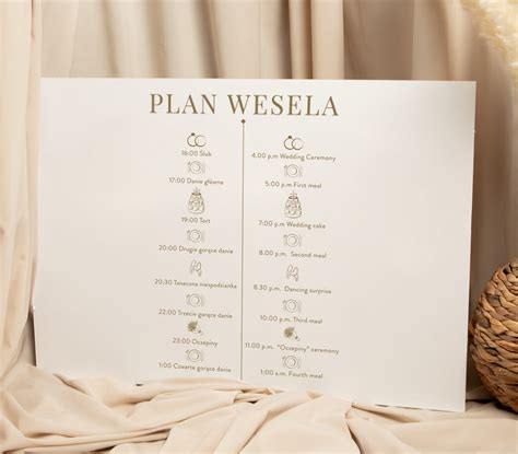 Schematyczny plan organizacji wesela z zaznaczonymi kluczowymi etapami.