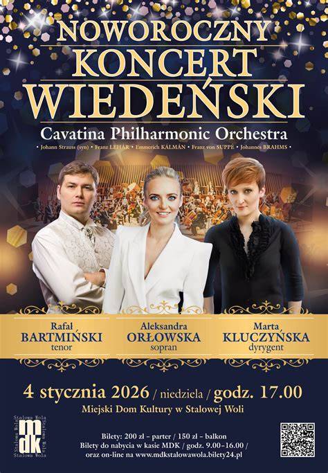 plakat zapraszający na koncert noworoczny w Imielnie z sylwetkami artystów i nutami w tle