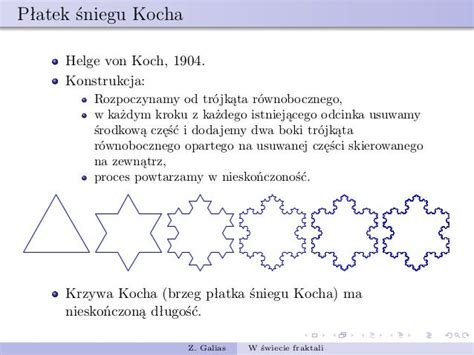 Ilustracja przedstawiająca różne przykłady fraktali, takie jak płatek śniegu Kocha i trójkąt Sierpińskiego.