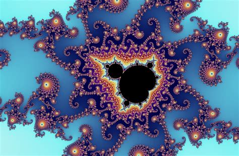 Grafika przedstawiająca zbiór Mandelbrota, z jego charakterystycznymi, złożonymi wzorami.