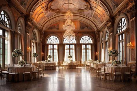 Elegancka sala balowa z kryształowymi żyrandolami