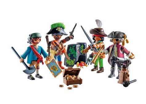 Zdjęcie przedstawiające figurki piratów i elementy łodzi z zestawu Playmobil.