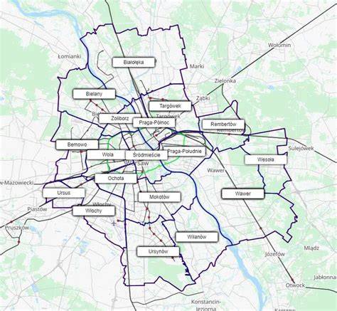 Mapa Warszawy z zaznaczonymi obszarami dostawy choinek.