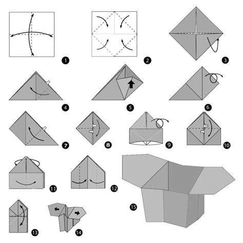 Schemat przedstawiający kolejne etapy składania papierowej koszuli origami