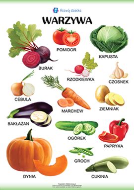 Plansza edukacyjna z warzywami przedstawionymi w kreskówkowy, przyjazny sposób, zachęcająca do jedzenia.