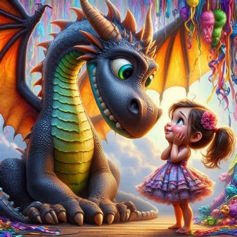 Ilustracja przedstawiająca przyjaznego smoka ziejącego bańkami mydlanymi przed zamkiem.