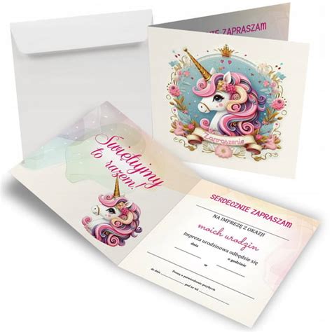 Ilustracja przedstawiająca pastelowe zaproszenie z motywem jednorożca i motyli, z miejscem na personalizację.