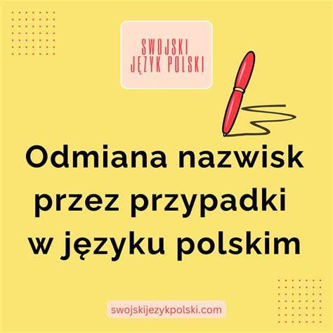 Infografika porównująca odmianę nazwisk w języku polskim, z przykładami poprawnych i niepoprawnych form.