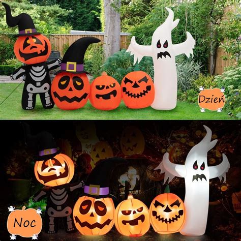 Ilustracja przedstawiająca różne potwory Halloween: duchy, szkielety, dynie, czarownice