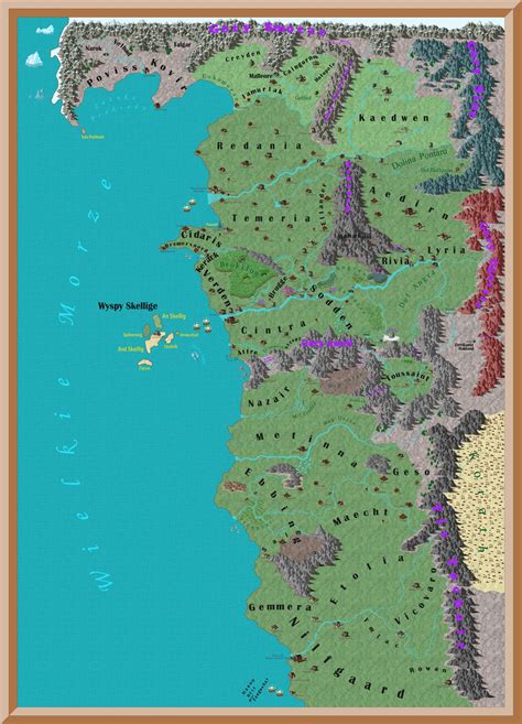 Mapa świata Wiedźmina z zaznaczonymi kluczowymi lokacjami: Gors Velen, Wyspa Thanedd, Kaer Morhen, Dorian