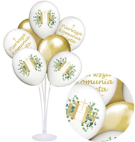 balony komunijne w klasycznych kolorach, udekorowane motywami religijnymi