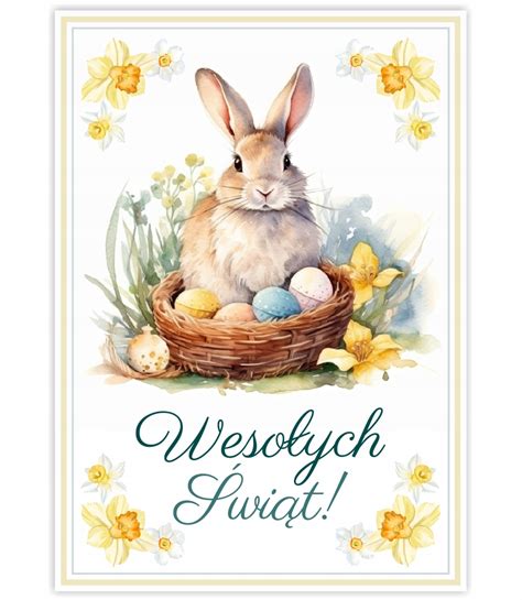 Ilustracja przedstawiająca wielkanocną kartkę pocztową z zającem