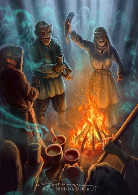 Ilustracja przedstawiająca Słowian podczas obrzędu Dziadów, z ucztą i ogniskiem.