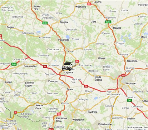Mapa z zaznaczoną lokalizacją salonu w Legnicy i Głogowie