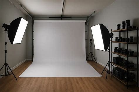 Zdjęcie przedstawiające małe, stylowo urządzone studio fotograficzne z różnymi rekwizytami