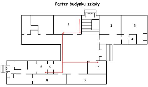 Plan budynku szkolnego z zaznaczonymi skrzydłami i wejściami
