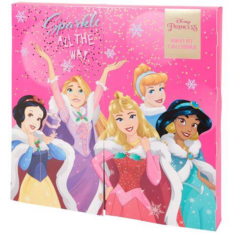 Zdjęcie przedstawiające rozłożony kalendarz adwentowy Disney Princess z widocznymi figurkami księżniczek i akcesoriami.