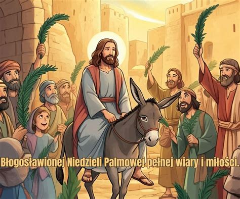 Ilustracja przedstawiająca procesję z palmami w Niedzielę Palmową