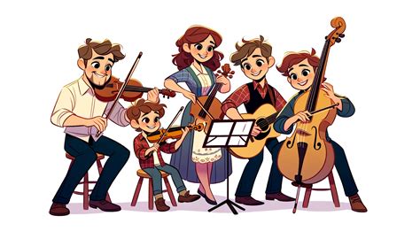 Grupa zróżnicowanych wiekowo osób wspólnie grająca na instrumentach muzycznych podczas świątecznego wydarzenia.