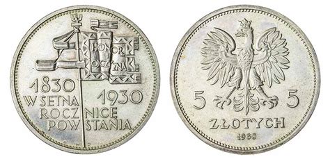 Schematyczny rysunek monety 5 złotych z 1930 roku z zaznaczonymi elementami awersu i rewersu.