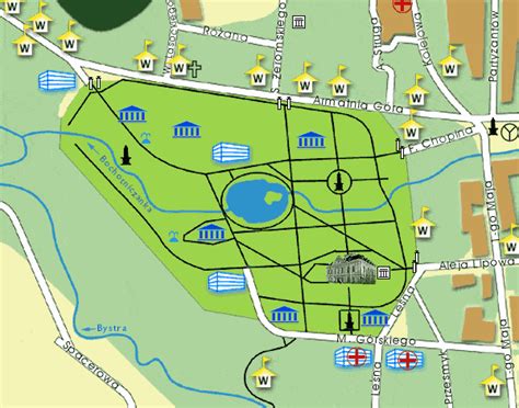 Mapa Parku Zdrojowego z zaznaczonymi strefami atrakcji (scena, warsztaty, miejsce spektaklu)