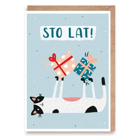 Ilustracja uroczej kartki urodzinowej z kotem i napisem 