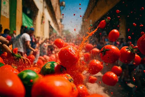 Zdjęcie przedstawiające tłumy ludzi biorących udział w bitwie na pomidory podczas La Tomatina w Buñol.