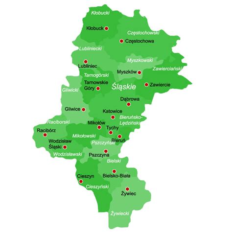 mapa województwa śląskiego z zaznaczonymi miastami: Chorzów, Katowice, Jaworzno, Kędzierzyn-Koźle