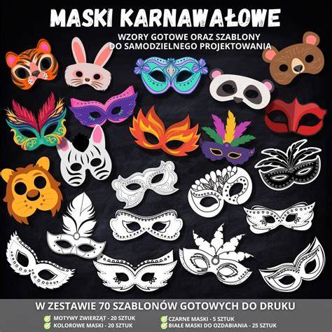 Ilustracja przedstawiająca różnorodne stroje karnawałowe i maski