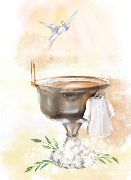 Ilustracja przedstawiająca chrzest niemowlęcia w kościele