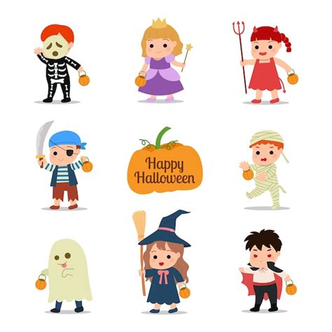 Ilustracja przedstawiająca dzieci w kostiumach na tle dekoracji halloweenowych z dyniami i duchami.