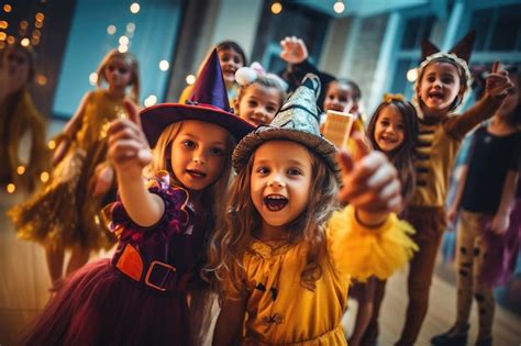 Zdjęcie przedstawiające dzieci tańczące w kostiumach na tle halloweenowych dekoracji.