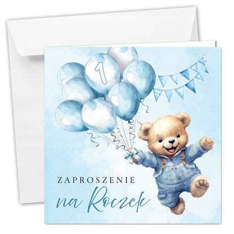 Przykład zaproszenia na roczek dla chłopca z motywem leśnych zwierzątek.