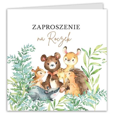 przykład eleganckiego, personalizowanego zaproszenia na roczek z motywem zwierzątek leśnych
