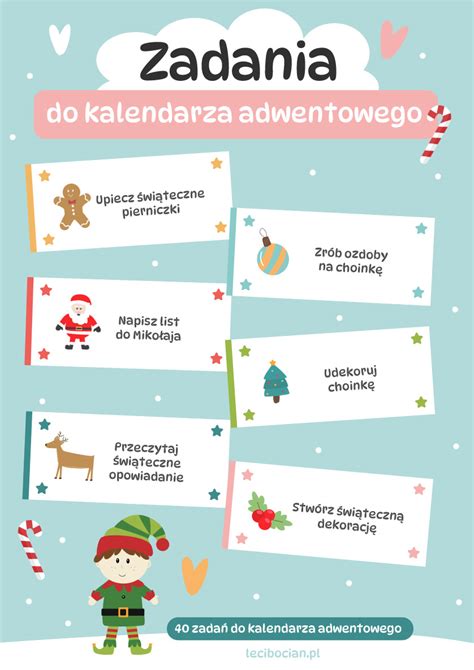 Infografika z listą pomysłów na zadania do kalendarza adwentowego, z prostymi ikonkami ilustrującymi każde zadanie.