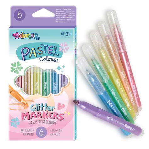 Przykłady produktów Colorino: flamastry brokatowe, flamastry pędzelkowe, farby plakatowe.