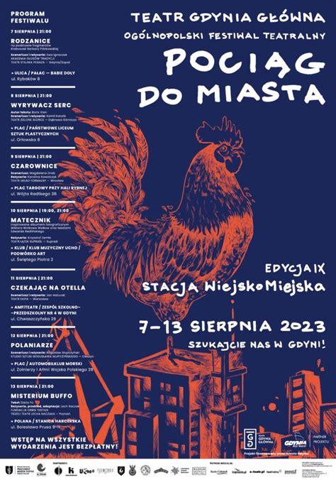 Plakat festiwalu teatralnego z elementami wizualnymi nawiązującymi do różnych gatunków sztuki scenicznej