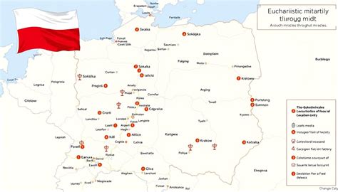 grafika przedstawiająca mapę Polski z zaznaczonymi miejscami cudów eucharystycznych
