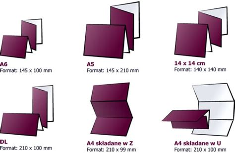 Ilustracja przedstawiająca popularne formaty zaproszeń: A6, DL, kwadratowe, A4 składane do A5.