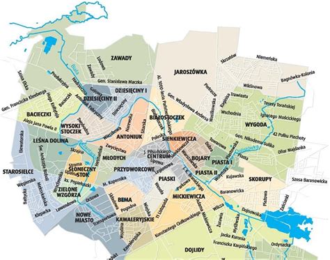 Mapa Białegostoku z zaznaczonymi popularnymi lokalizacjami do organizacji przyjęć komunijnych