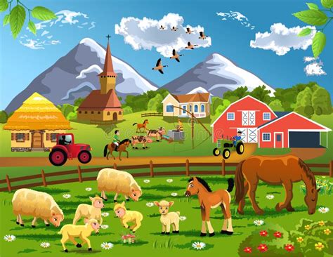 Ilustracja przedstawiająca tętniącą życiem farmę z widocznymi polami uprawnymi, budynkami gospodarskimi i zwierzętami hodowlanymi.