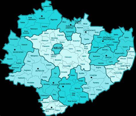 schematyczna mapa województwa świętokrzyskiego z zaznaczonymi popularnymi miejscowościami turystycznymi