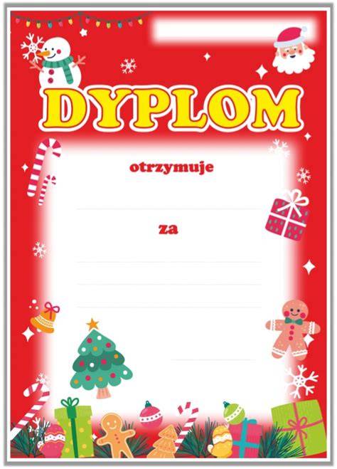 Ilustracja przedstawiająca przykładowy dyplom formatu A4 z ozdobnym świątecznym motywem i polem na wpisanie tekstu.