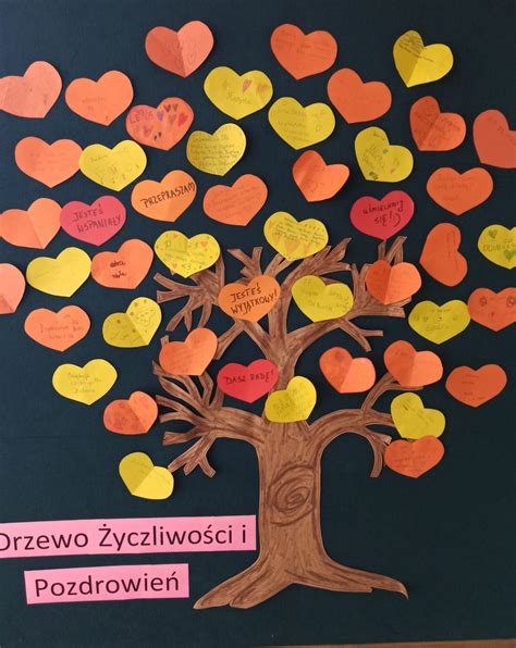 Plakat z Drzewkiem Życzliwości ozdobionym listkami z hasłami