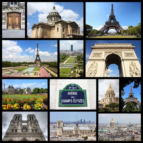 kolaż zdjęć z Paryża: Wieża Eiffla, Luwr, Notre Dame, widok z Montmartre