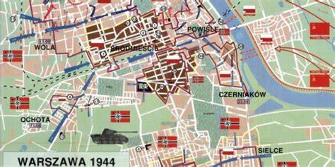 Mapa Warszawy z zaznaczonymi liniami frontu i walk podczas Powstania Warszawskiego