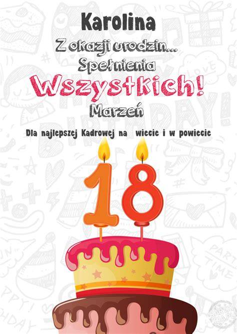 Ilustracja przedstawiająca ozdobną kartkę z życzeniami z okazji 18. urodzin, symbolizującą wkroczenie w dorosłość.